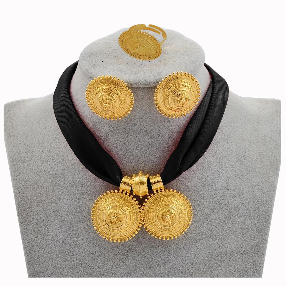 Ethiopian Ladies Gold Plated Necklace Earrings Ring Jewelry Set