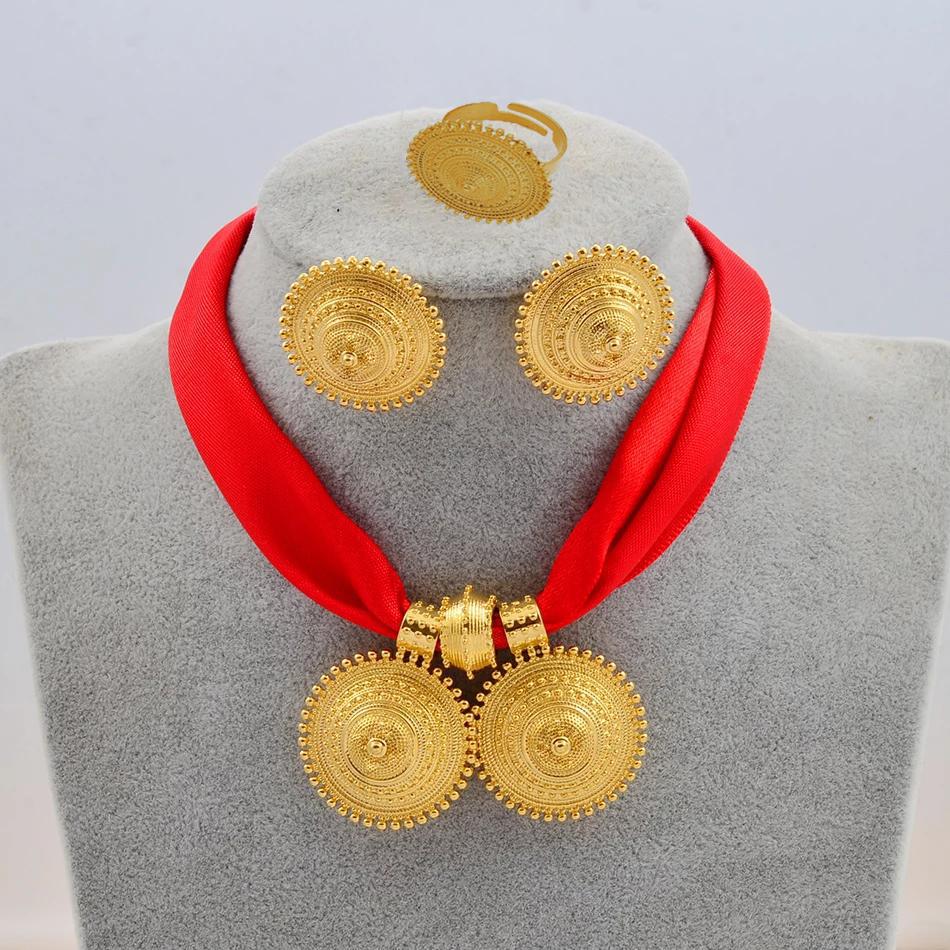 Ethiopian Ladies Gold Plated Necklace Earrings Ring Jewelry Set